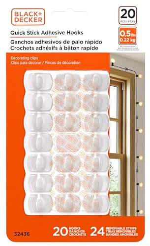 BLACK+DECKER Solide Wandhaken, Schnellkleber, abnehmbar, 20 Wandhaken, 24 Klebestreifen, hängen Sie Dekorationen ohne Beschädigung der Wände, bis zu 0,2 kg, transparent