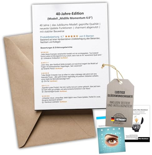Lustige 40. Geburtstagskarte | Humorvolle Karte mit gratis Sehtest & IQ-Test | Hochwertiger Druck, Umschlag inklusive | Witzige Geschenkidee zum 40. Geburtstag für Männer & Frauen Glückwunschkarte