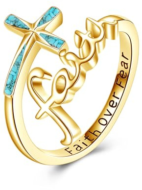 ONEFINITY Glaubens Ring Sterling Silber Türkis Glaube über Angst Kreuz Ringe Christlichen Religiösen Schmuck Geschenke Für Damen Herren