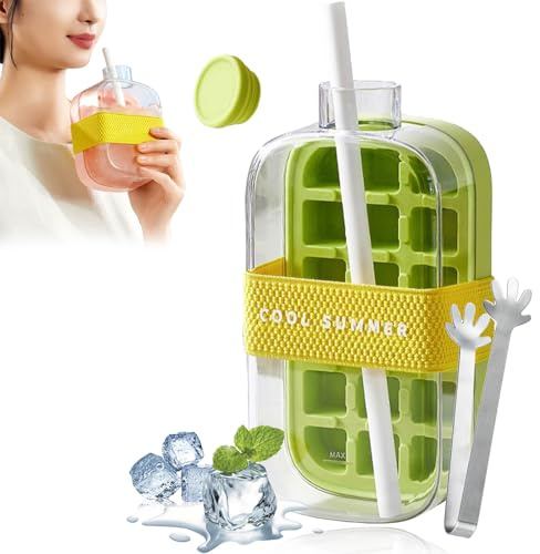 My Crush Cup - My Crush Cup Ice, 17/28 Oz 2-in-1 Cool Summer Ice Bottle Cup with Straw and Clip, Easy Ice Press to Release, Touch Free Ice Cube Trays with Lid for Freezer Making Bottle (Green-800ML)