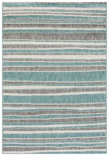 Mazovia Outdoor-Teppich Terrasse 80x150cm Türkis Gestreift Wetterfest | Balkon Teppich für Garten Kurzflor Pflegeleicht UV-Beständig Tierfreundlich Robust Wasserabweisend Saugrobotergeeignet Modern