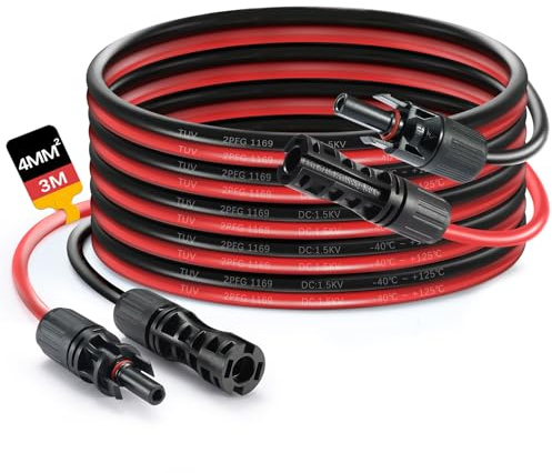 Solvazcable Solarpanel-Verlängerungskabel mit Wasserdichten Buchsen- und Steckeranschlüssen – 4 mm² Solarkabel 3 m, für Solarmodule Photovoltaikanlagen (Rot + Schwarz) (4mm²/3M)