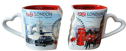 London Souvenir Mug Set of2 Ceramic Tea Coffee Mugs with Iconic UK Landmarks & Heart Handles – England Travel Gift, Tea Cups with Tower Bridge, Big Ben, London Eye – 350ml