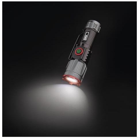 EMOS - LED-Metall-Taschenlampe mit Akku, Boost-Funktion und Fokus - wiederaufladbar, stoßbeständig und wasserdicht - superhell 300lm, 100m - Clip und Magnet - für Innen und Außen - schwarz-grau
