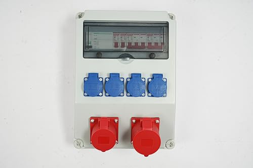Kombi Wandsteckdose IP44 – Wandverteiler mit 4 Schuko + 2x 5-polige Steckdosen (16A/32A) – Stromverteilerkasten wasserdicht, ABS/PC, für Innen/Außen, Baustelle, Werkstatt, Garage