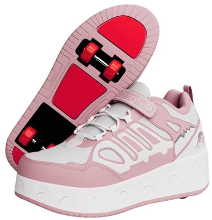 Chaussures à roulettes pour garçons et Filles, Basket Roller Retractable Enfant, Chaussures de Skateboard, Rollers Chaussures avec 4 Roues pour Intérieur Extérieur, Pink-30