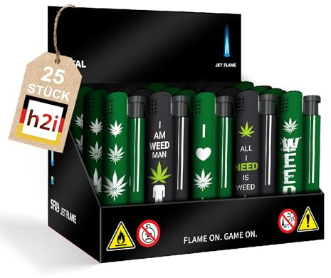 h2i Feuerzeug mit Jet-Flame | 25 Stück | Motiv Weed Mehrwegfeuerzeug | robust & windresistent | für Alltag & Outdoor | Sturmfeuerzeug mit Kindersicherung & Nachfüllbar