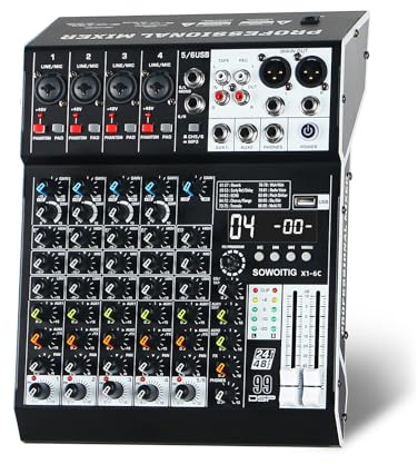 SOWOITIG Audio Mixer 6 Channel Professional Sound Mixer Console with 99 DSP Effects, Mixing Board DJ Mixer w/USB, Bluetooth, 48V Power Supply, PAD Button for Recording Karaoke PA Drum Live Music