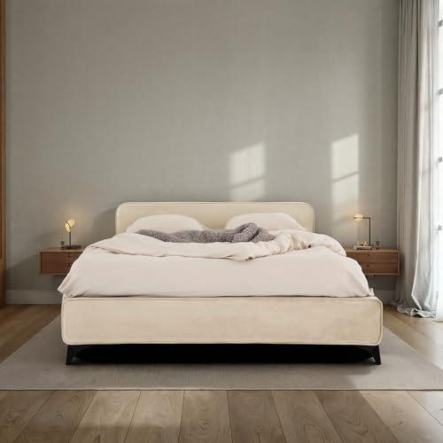 IDIMEX Polsterbett LAVORO Einzelbett 140x200, beige - Bett mit Lattenrost und Samtstoffbezug, Bettgestell mit gepolstertem Kopfteil, modernes Design, Robuster Holzrahmen & Metallbeine