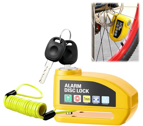 Alarm Disc Lock Motorbike 110dB 7mm Pin Brake Lock with Reminder Cable Motorcycle High Security Disc Lock Anti-Theft Waterproof for Bike Moped Motocross Bicycle Scooter Vespa (Yellow)