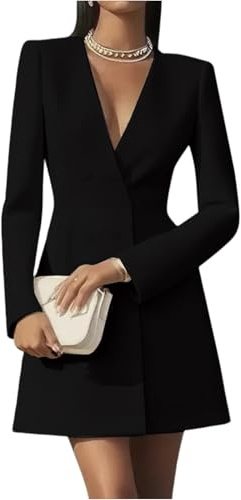 Vestito Donna Elegante Manica Lunga - Abiti da Donna Slim Fit Tinte Unite Scollo a V, Vestiti Corto Unico, Dresses Pendolare Bottoni Moda Adatto per La Primavera E L'autunno