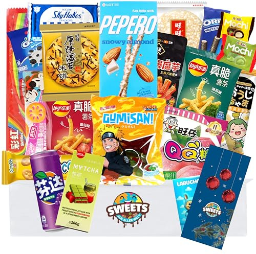 Asiatische Snacks Box Geschenkideen mit 24 Teilen + gratis Adventskalender Tüten - Japanische, koreanische & mehr Snacks und Süssigkeiten - Ideale Kalender Füllung (Groß)