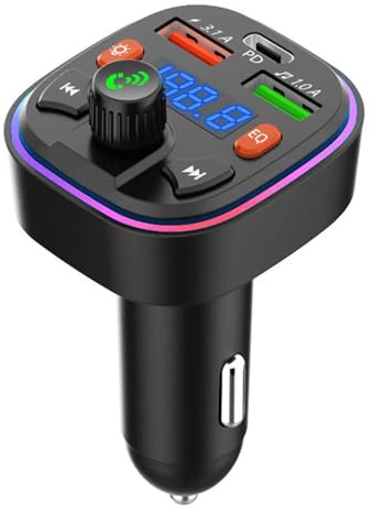 Bluetooth Car Adapter, PD20W Q5 FM Wireless Bluetooth Transmitter | Fast Charger, Dual USB Ports (3.1A & 1A), Hands-Free Calling, USB Flash Drive, for Phone & Android[Light Switch]