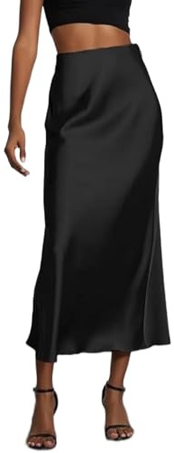 Falafoty Women's Satin Long Skirt, High Waist Silk Solid Color Skirts Long Formal A-Line Elegant Skirt Silky Flowy Skirts for Date Dinner Party Cocktail Party and Casual Daily Dress Up (L, Black)