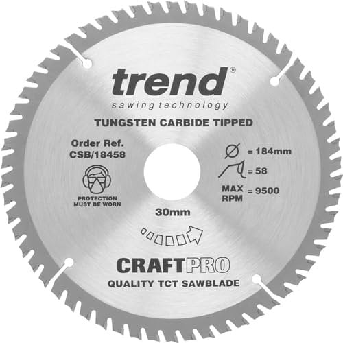 Trend Wood Circular Saw Blade, 184mm Diameter, 30mm Bore, 58 Teeth, 2.6mm Kerf, +12° Hook, TCT, Extra-Fine Finish, CSB/18458