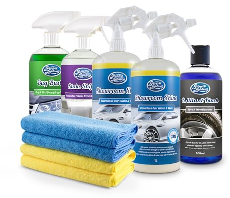 Greased Lightning Exterior & Interior Valeting Car Care Kit + Cloths | All-in-one car detailer bundle with waterless wash, tyre restorer, bug spray, fabric cleaner & 4 microfibre cloths