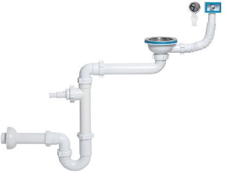 Siphon évier 1 bac, diamètre 115 mm, Extra-Plat avec trop Plein rectangulaire/Rond et Sortie pour Machine à Laver/Lave-Vaisselle