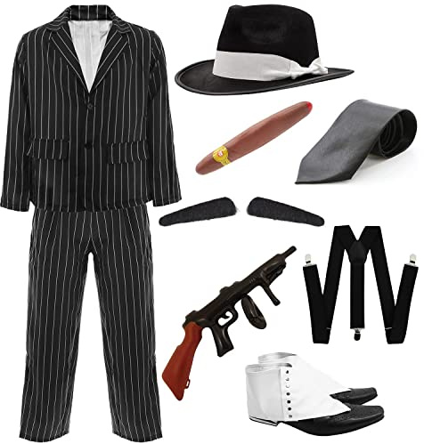 ADULT 1920's GANGSTER FANCY DRESS COSTUME FOR MEN - BLACK & WHITE PINSTRIPE SUIT JACKET & TROUSERS + BLACK TIE + BLACK TRILBY HAT WITH WHITE SATIN BAND + PLASTIC CIGAR + SPIV MOUSTACHE