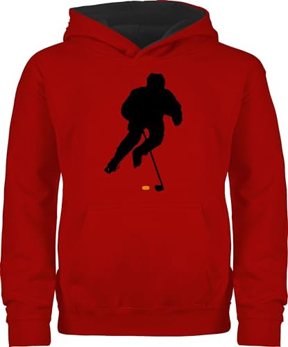 Pullover Kinder Hoodie Jungen Mädchen - Sport Kleidung - Eishockey Spieler - 140 (9/11 Jahre) - Rot/Schwarz - 25. geburtstag hoody hoddis kinderpullover pulli polower mädchenpullover pollovers