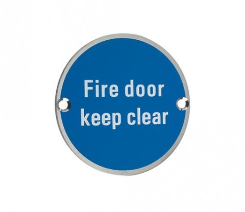 Fire Door Keep Clear Sign - Satin Stainless Steel / Blue Disc 76mm ZSS11SS