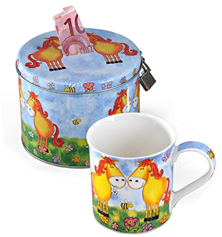 Süßes Geschenkset ~ Pferd ~ Becher in Blechdose abschließbar Spardose + Tasse