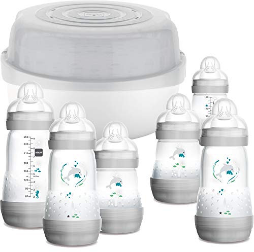 MAM Easy Start Bottle & Microwave Steriliser Set, Comes with 6x MAM Easy Start Self Sterilising Anti-Colic Baby Bottles, BPA Free Bottle Steriliser for Babies
