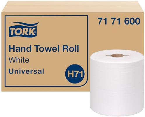 Tork 7171600 Rollo universal de papel para toallas de mano, I-Notch, 1 capa, 7.5 pulgadas de ancho x 630 pies de largo, blanco (caja de 6 rollos, 630 pies por rollo, 3.780 pies por caja)