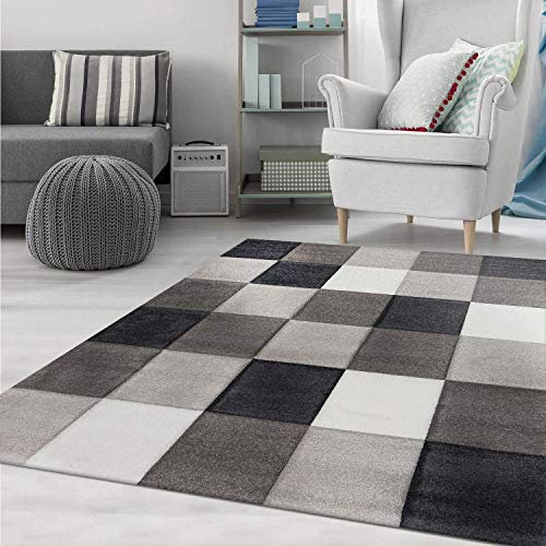 VIMODA Kurzflor Teppich Wohnzimmer Kariert Grau Anthrazit Creme Beige Weich Robust Konturenschnitt, Maße:120x170 cm