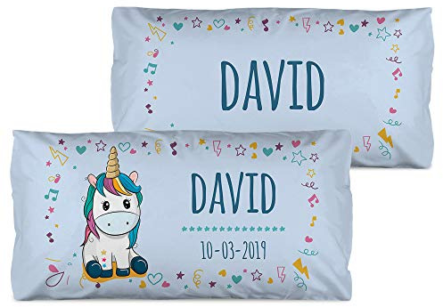LolaPix Kinder Einhorn Kopfkissen mit Name. Geschenke für Kinder. Füllung enthalten. Verschiedene Designs zur Auswahl. Verschiedene Größen zur Auswahl. Blaues Einhorn