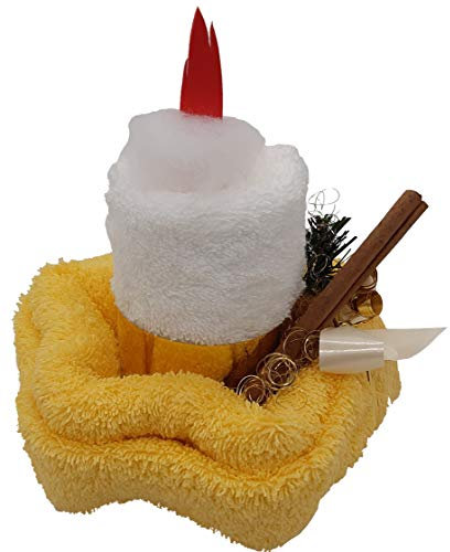 Frotteebox Geschenk Set Kerze in Handarbeit geformt aus 2X Gästetuch weiß/gelb