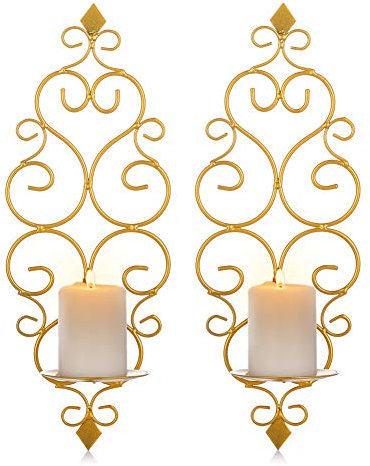 Sziqiqi Wandkerzenhalter Wandleuchter Kerzenständer Kerzenhalter Kerzenleuchter aus Metall 2er Set, Wandteelichthalter Säulenhalter für Teelichter Stumpenkerze Wohnzimmer Schlafzimmer, Gold