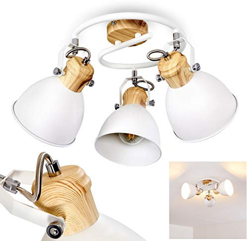 HOFSTEIN Deckenleuchte Banjul, runde Deckenlampe aus Metall in Weiß/Holzoptik, 3-flammig, mit verstellbaren Strahlern, 3 x E27-Fassung, Spirale im Retro/Vintage Design, ohne Leuchtmittel