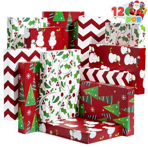 JOYIN 12 Pcs 14 x 9.5 x 2 Christmas Tone Shirt Wrap Boxes with Lid and Base, Clothes, Wrapping Robe Boxes,Gift Boxes, Xmas Goody Gift Boxes for Christmas, Birthdays, Wedding, 4 Designs