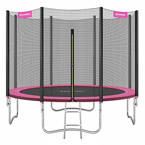 SONGMICS Trampolin Ø 305 cm, Gartentrampolin für Kinder mit Sicherheitsnetz, Randabdeckung, Leiter, 180 cm hohe gerade Stangen, Stahlrahmen, pink STR101P01