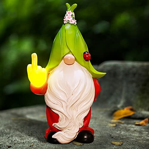 Gartendeko Figuren Gartenzwerg aus Harz,22cm Garten Deko Draußen Großer Lustiger Gartenzwerg mit Solar LED Leuchten Gartenstatuen Gartendekofiguren Gartenlicht für Draußen (Mittelfinger Zauberer)
