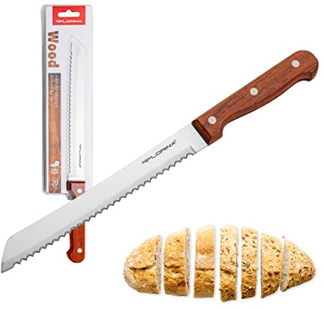 Brotmesser, Edelstahlklinge, Klingenlänge 20cm, Klingenblatt mit scharfem Wellenschliff, bequemer Holzgriff, rostfrei, lebensmittelecht, Braun