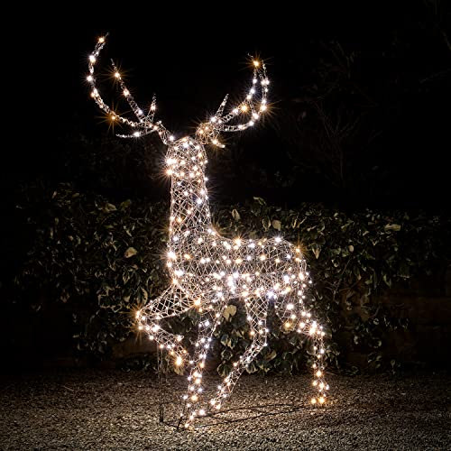 Lights4fun Outdoor Reindeer Large Stag Christmas Light Up Rattan Figure Garden Decoration with 400 Dual Colour LEDs & Timer 2m