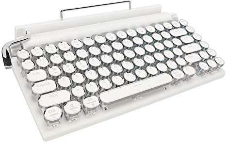 Mechanische Schreibmaschinentastatur, Retro-Bluetooth-Schreibmaschinentastatur mit 83 Tasten, Blauer Schalter, Mediensteuerung, Retro-Rundtasten, Tastatur mit LED-Hintergrundbeleuchtung und(Weiß)