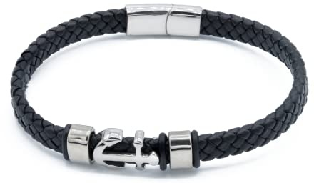 Du Sablon - Bracelet Homme Ancre de Bateau en Cuir Tressé Noir et Acier Inoxydable Argenté | Élégant, Léger et Nautique avec Fermoir Tiroir