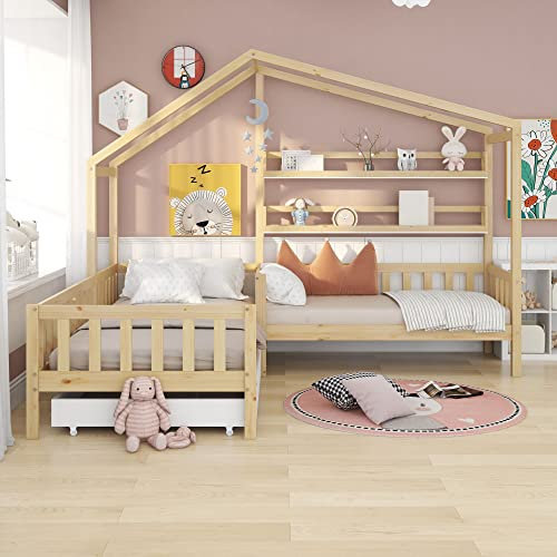 Kinderbett Hausbett mit Schubladen und Regalen, Massivholz mit Zaun und Lattenrost, L-Struktur, Natur (90x200 cm+140x70cm)