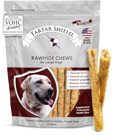 Tartar Shield® Mastici dentali morbidi in pelle grezza per cani di grossa taglia, accettati VOHC, riducono il tartaro, controllano la placca e rinfresca l'alito, consigliati dal veterinario, sapore di