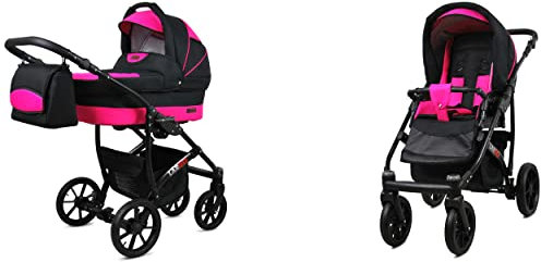 BabyLux Largo 2-in-1 Baby Kinderwagen Tief und Kinderwagen mit Zubehör Verstellbar und faltbar Aluminiumkonstruktion Wasserdicht Nicht abnehmbare Räder Black Moro Black Frame