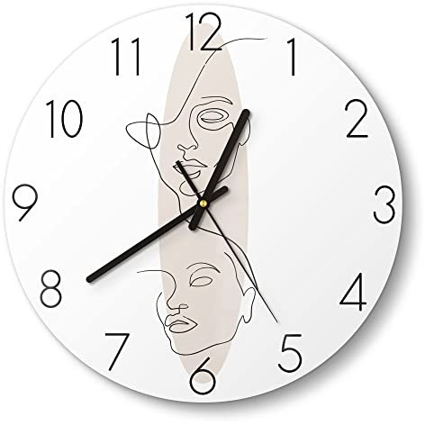 DEQORI Glasuhr | rund Ø 30 cm | Motiv Linien-Gesichter vor Oval | ausgefallene leise Design Uhr aus Glas | Wanduhr für Wohnzimmer & Küche | Moderne Hingucker Uhr für die Wand