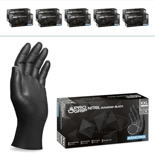 PROGRIP Einweghandschuhe Diamant Grip, Schwarz, Einmalhandschuhe Extra Stark, Nitrilhandschuhe Gr. XXL, 2x dicker, Handschuhe Einweg, Arbeitshandschuhe für Werkstatt & Montage, 500 Stück (10x50 Stk)