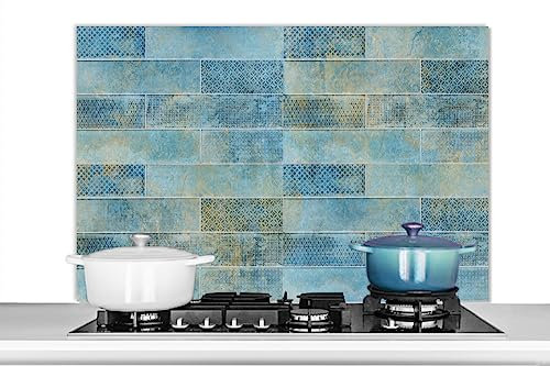 KitchenYeah© Spritzschutz Küchenrückwand Küche Deko Aluminium Platte Wandschutz Herd Spritzschutz WandverkleidungSteine - Blau - Vintage - Design - Steinfliesen - 100x65 cm