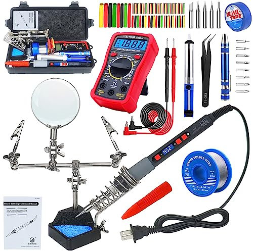 KEPIOG 80W Portable Soldering Iron Kit, Adjustable Temperature Control (180℃-500℃), with Multimeter, Soldering Aid Hand, Soldering Iron Tip, Soldering Wire, Desoldering Pump.