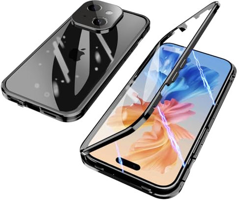 ksscaly Hülle für iPhone 15, 360 Grad Schutz Case mit Safty Lock Magnetische Adsorption Metallrahmen Cover Vorder und Rückseite Gehärtetes Glas Handyhülle für iPhone 15 (Schwarz)