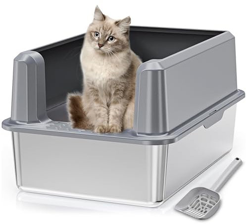 KMNSUN Arenero Gato, XXL Arenero Gatos Grande, (60 * 40 * 30.5 CM) Baño de Gato Grande y Conejo Grande, Acero Inoxidable 1.4301 - Residuos No Pegajosos, No Atrae Olores, Fácil de Limpiar