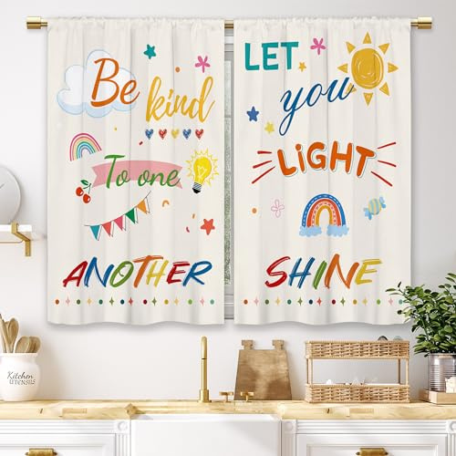 Laifzere Colorful Inspirational Kids Kitchen Curtains Quotes Small Short Cafe Window Curtains Cute Child Cartoon Motivational Rainbow Sun Bathroom Drapes Treatment Tier Curtains (27.5x39 Inch)