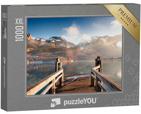 Puzzle 1000 Teile XXL „Holzsteg am See von Annecy im Winter. Alpengebirge, Frankreich“